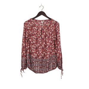 Lucky Brand Women's Red Multi Print Long Sleeve Peasant Blouse Sz M Button Front